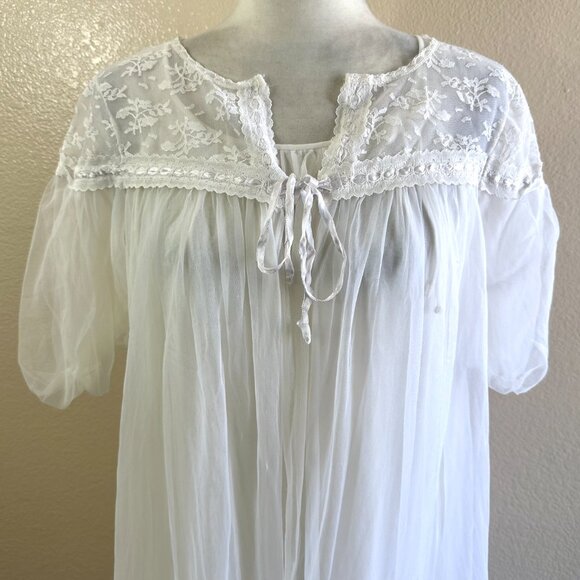 Vintage 70s Unbranded White Flowy Maxi Chiffon Sleep Gown Robe 2pc Set - Picture 6 of 10